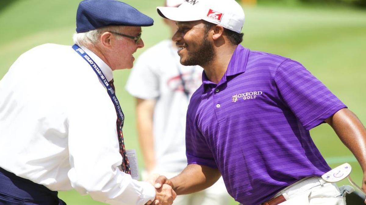 
Harold Varner III, right, talks with Jim Burns before the first tee at the Rex Hospital Open at TPC Wakefield Plantation in Raleigh Saturday, May 30, 2015.

