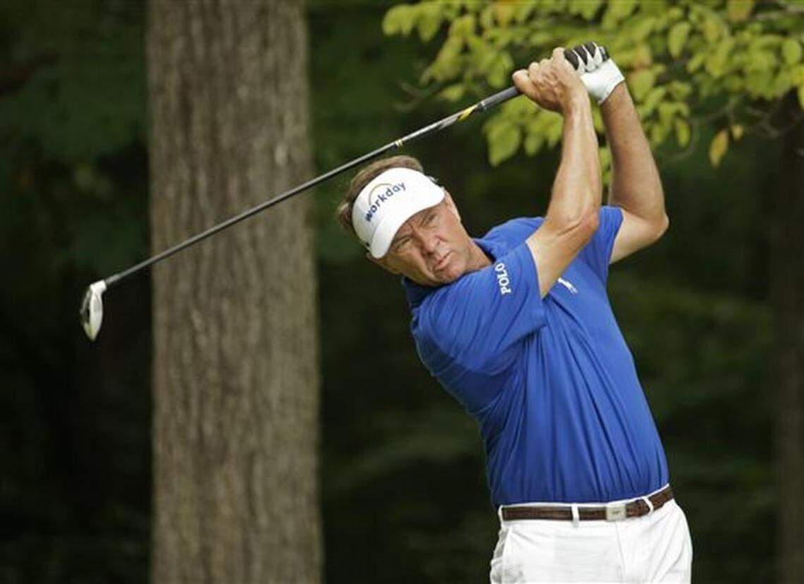 Davis Love III watches his tee shot on the second hole during the final round of the Wyndham Championship golf tournament at Sedgefield Country Club in Greensboro, N.C., Sunday, Aug. 23, 2015.