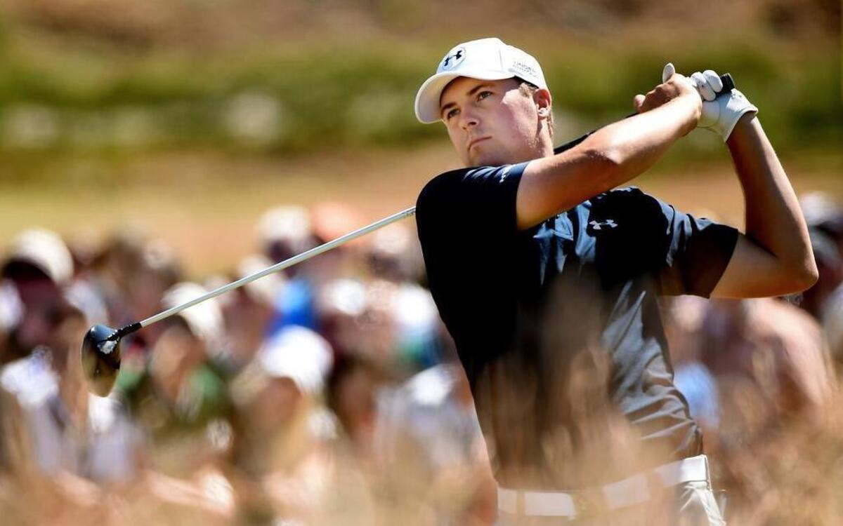 
Jordan Spieth hits his tee shot on the first hole during the second round of the 115th U.S. Open Championship at Chambers Bay on June 19, 2015 in University Place, Wa. 
