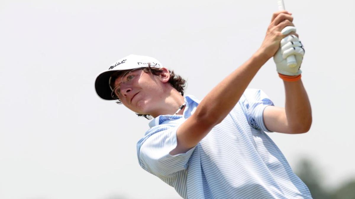 
Carter Jenkins, from Leesville Road High School in Raleigh, hits his tee shot on #2 at the Rex Hospital Open golf tournament, part of the Nationwide Tour at TPC Wakefield in Raleigh, N.C. on June 9, 2011. He shot five over on the day.
