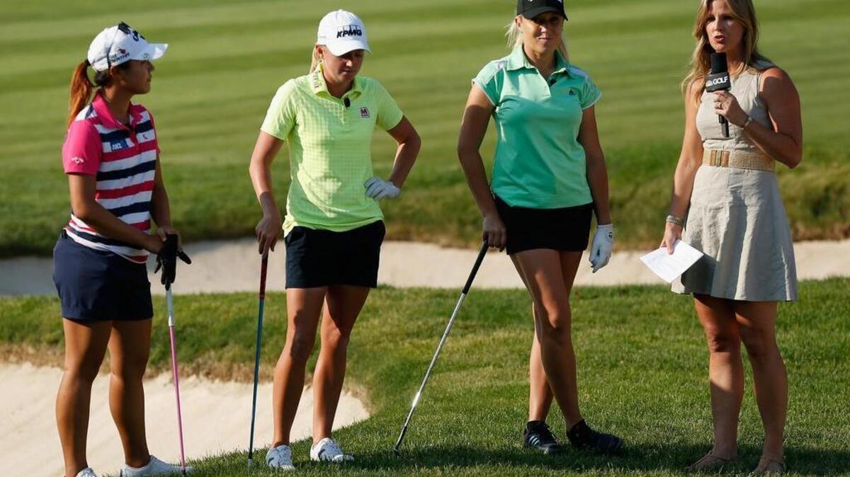 
Kelly Tilghman of the Golf Channel chats with Lydia Ko of New Zealand, Stacy Lewis and Natalie Gulbis during the LPGA Player Showcase prior to the start of the KPMG Women's PGA Championship on the West Course at the Westchester Country Club on June 10, 2015 in Harrison, New York. 
