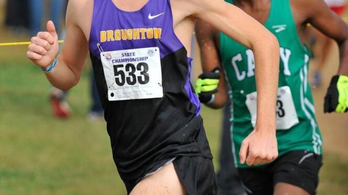 
Broughton’s Jeremy Brown (533) wins The NCHSAA 4A boys Cross Country Championship with a time of 15:50.3. Broughton Wins the Boys Championship with 53 points. November 1, 2014, Kernersville, N.C.
