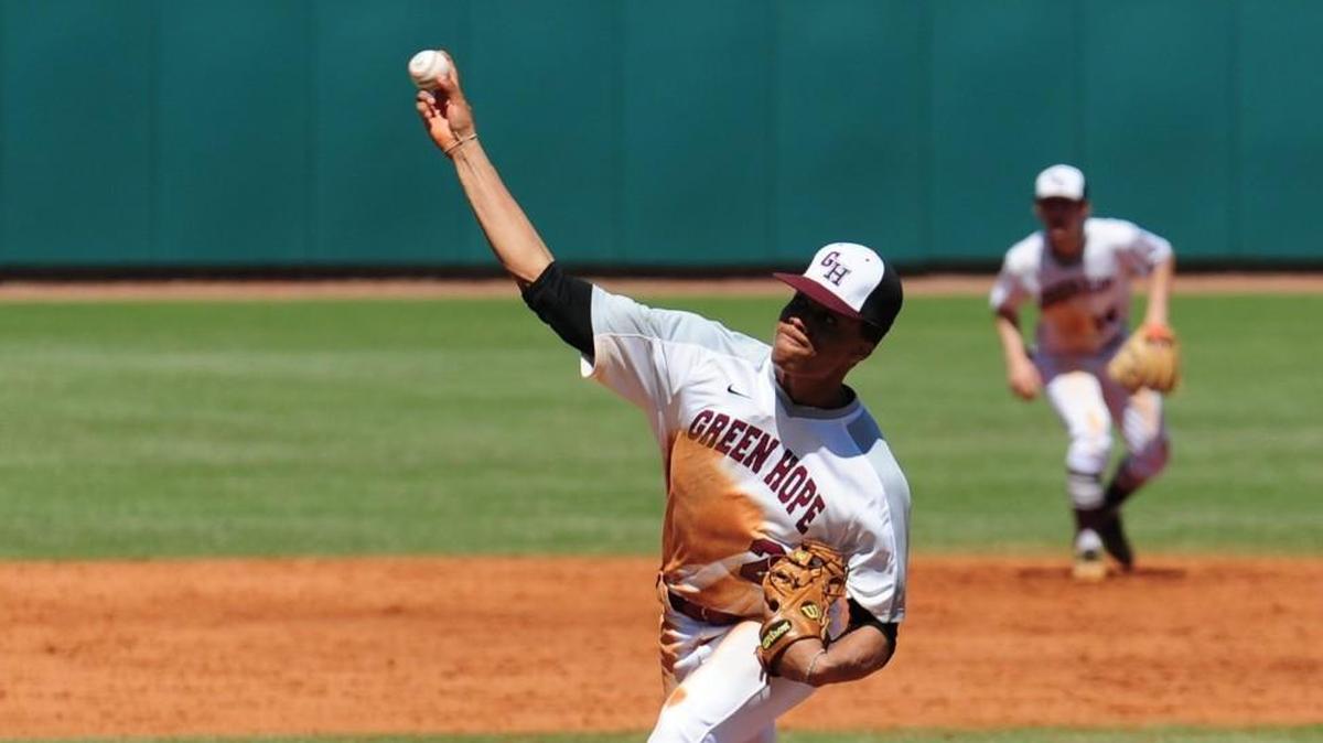 Green Hope's Jordyn Adams pitched in relief. The Green Hope Falcons and the Orange Lutheran Lancers played the championship baseball game in the National High School Invitational tournament in Cary on Saturday, March 31, 2018.
