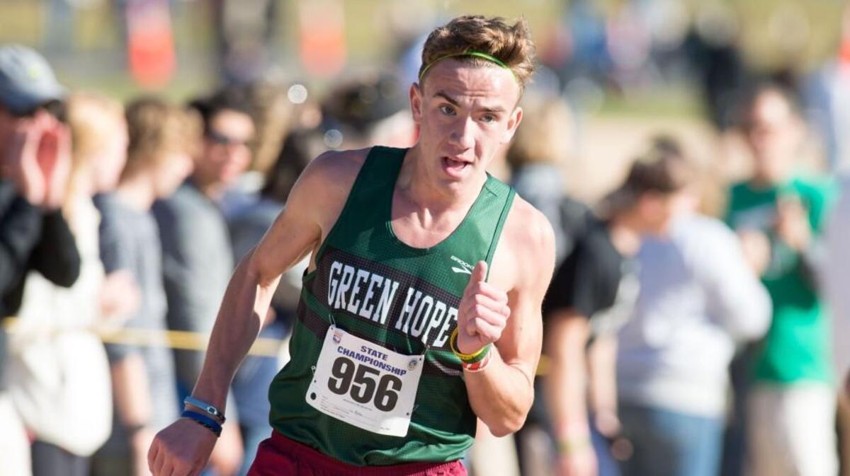 Green Hope's Peyton Barish approaches the finish line to win 8th place during the NCHSAA Class 4A Boys State Cross Country Championships that took place at Ivey Redmon Sports Complex on November 5, 2016 in Kernersville, North Carolina.