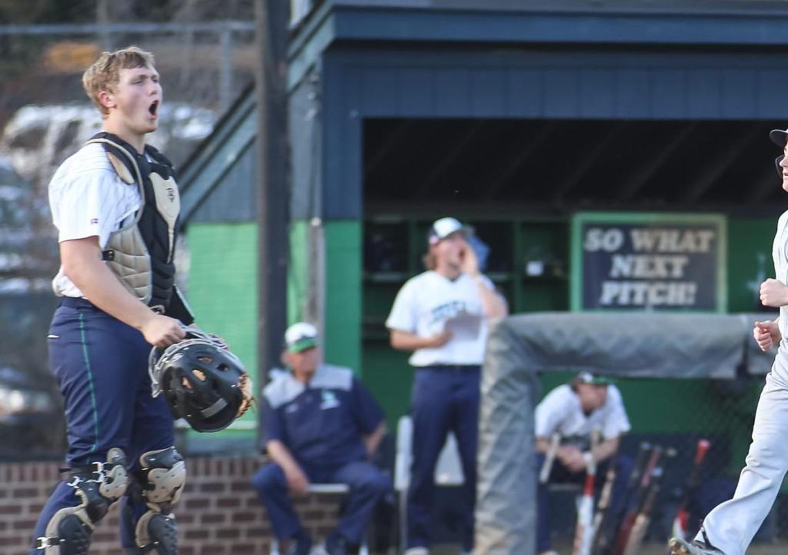 Leesville Road catcher Landon Choboy calls out to his teammates during Millbrook's baseball game at Leesville Road on Tuesday, March 28, 2017. Leesville Road won the game 8-7.