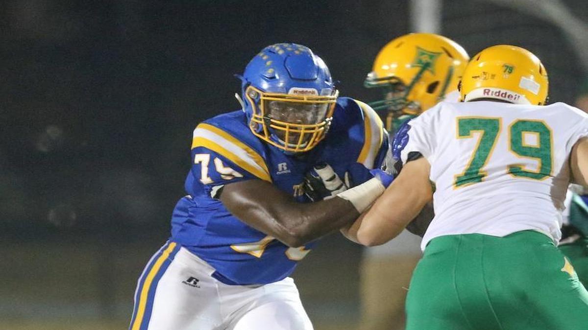 Garner defensive end Matthew Butler (79) had 3 sacks in the first half. Garner defeated Richmond County 54-37 to advance to third round.