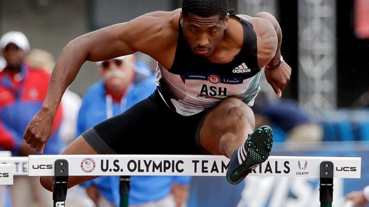 Ronnie Ash wins the second heat in the 110-meter hurdles at the U.S. Olympic Track and Field Trials, Friday, July 8, 2016, in Eugene Ore. (AP Photo/Marcio Jose Sanchez)