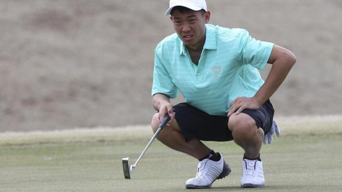 Wake Forest recruit Eric Bae from Pinecrest High lines up a putt on number 5. Coverage of the Neuse Invitational Golf Tournament held at the Neuse Golf Club in Clayton, N.C. on Friday, March 11, 2016.