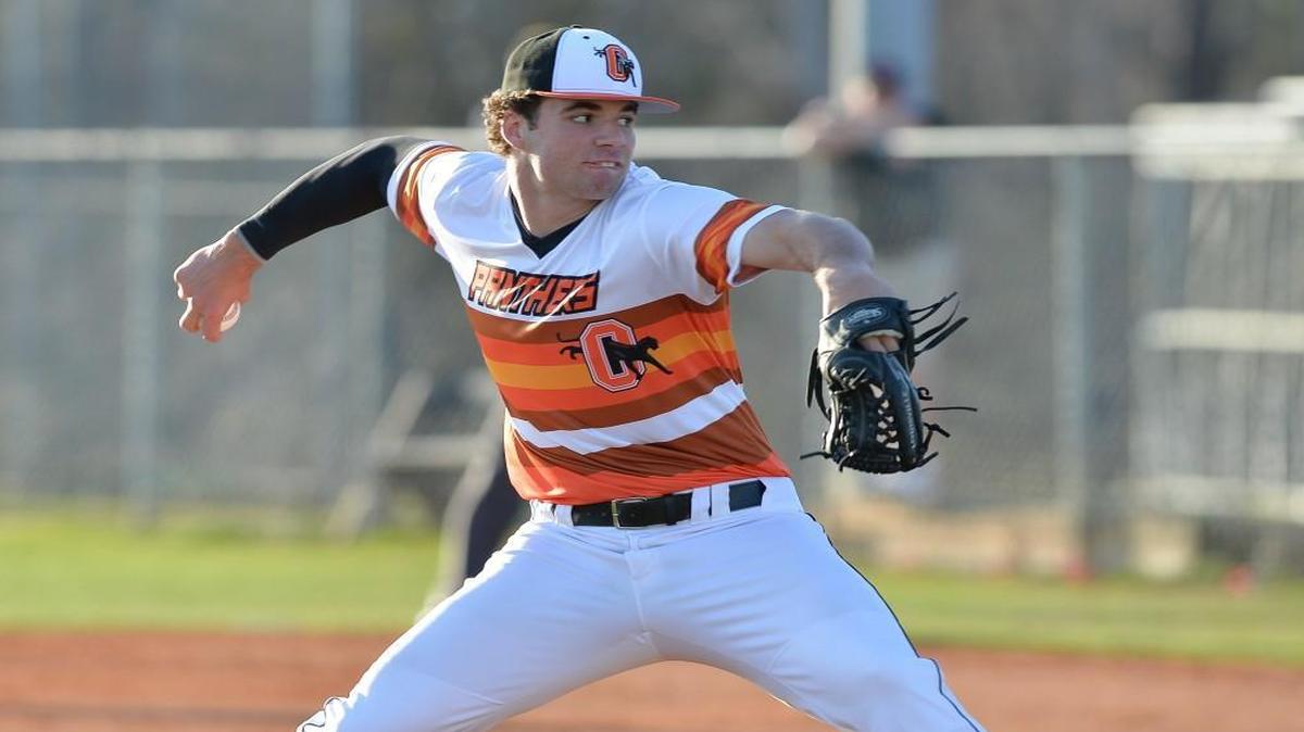 Bryse Wilson (10) of Orange throws a pitch for the Panthers. The Orange Panthers played the East Chapel Hill Wildcats in Hillsborough, N.C. on Wednesday, March 9, 2016. Orange won 2-0.