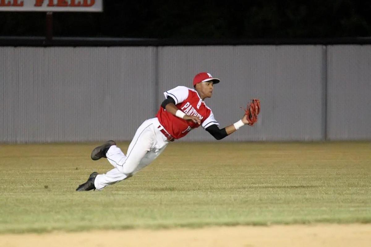 North Johnston's Trey Whitley (12) makes the diving catch in centerfield during the Randleman High School baseball game against North Johnston High School in Kenly, N.C. on Tuesday, May 16, 2017.
