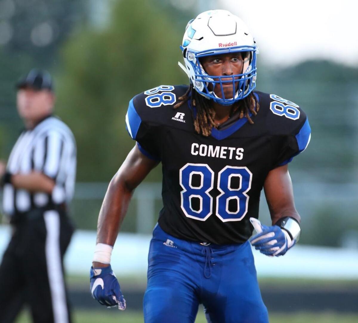 Clayton's Devin Carter (88) looks for the call during the football game with the Clayton Comets high school and the Garner Trojans high school in Clayton N.C. on August 18, 2017. won the game Clayton won the game 35-14.