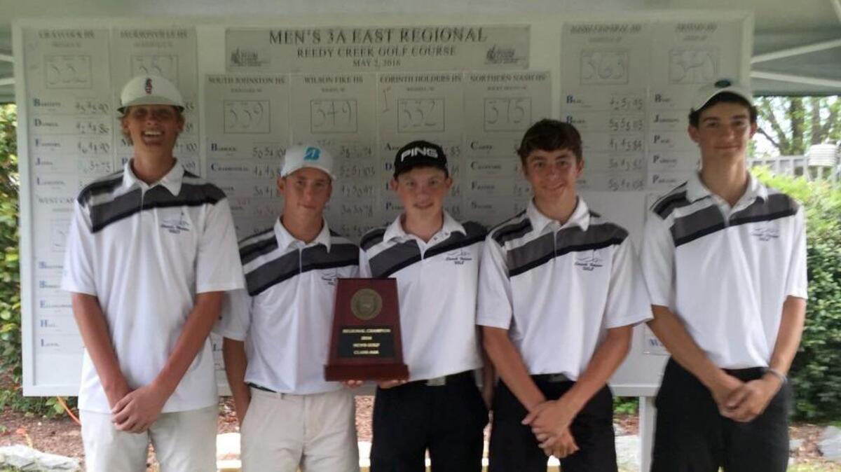 Corinth Holders prevailed in a three-team scorecard playoff for the NCHSAA 3A east golf regional championship on Monday. Members of the Pirates’ winning squad are (from left) Tanner Duncan, Nick Routhier, Jake Petroski, Jake Linker and Ian Apsey.