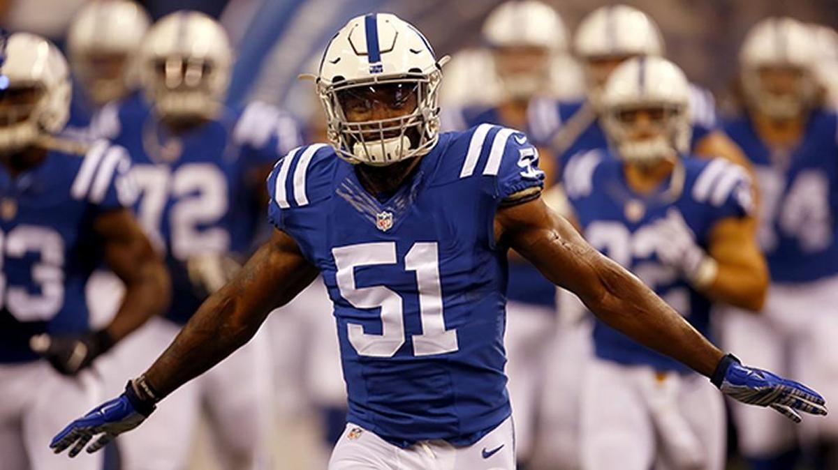 Indianapolis Colts linebacker Sio Moore comes on to the field before an NFL football game against the New England Patriots in Indianapolis, Oct. 18, 2015. The Apex High School graduate is hosting the first Reach Four Moore Camp, a free one-day football camp, Saturday, July 16, in Holly Springs. The camp also will feature lessons on leadership, accountability, individuality, adversity and bullying.