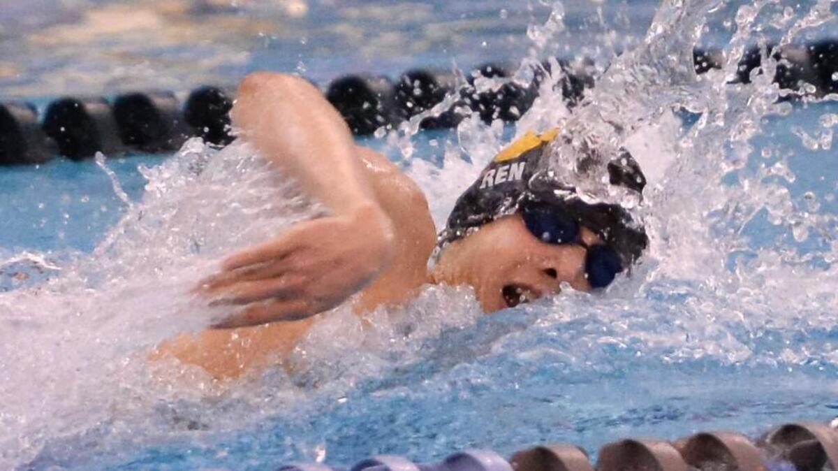 Jordan Ren of Chapel Hill swims in the 3rd leg of the men's 400 yard freestyle relay race during the 3A NCHSAA State Swimming Championships at the Triangle Aquatic Center in Cary on Friday, February 12, 2016.
