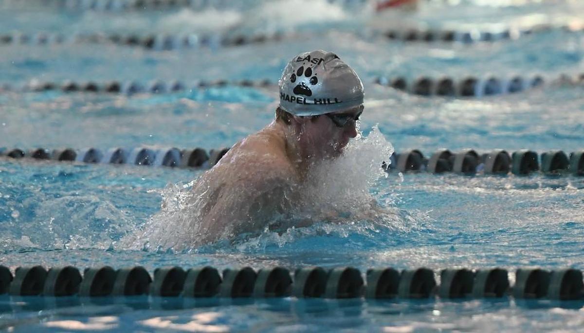 Connor Sept of East Chapel Hill swims in the Men 200 Yard Medley Relay race during the NCHSAA 3A Swimming Championships that took place at the Triangle Aquatic Center in Cary, N.C. on Thursday, February 8, 2018.