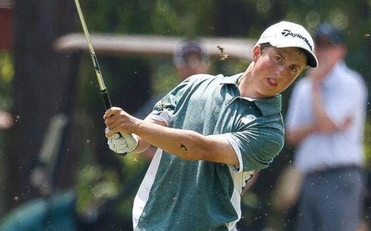 
South Johnston's Patrick Stephenson hits his second shot on the 14th on his way to finishing second overall in the NCHSAA 3A Men's Golf Championship at Long Leaf Country Club in Southern Pines on Tuesday May 12, 2015.
