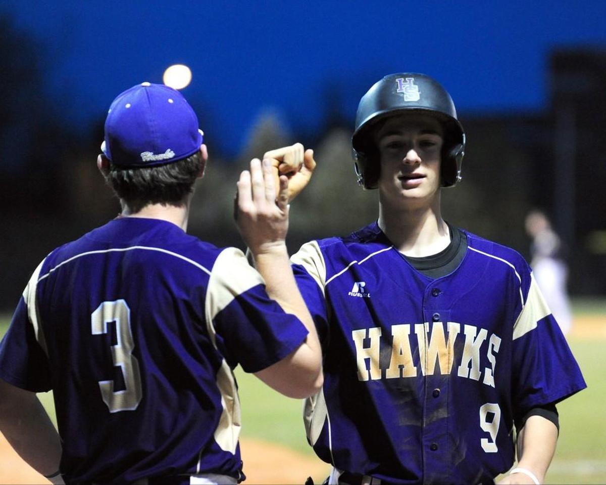 Holly Springs' Cole Hoops (3) celebrates a run by Matt Willadsen (9) during the baseball game, which was played in Holly Springs on Tuesday, March 7, 2017. Holly Springs won 10-0.
