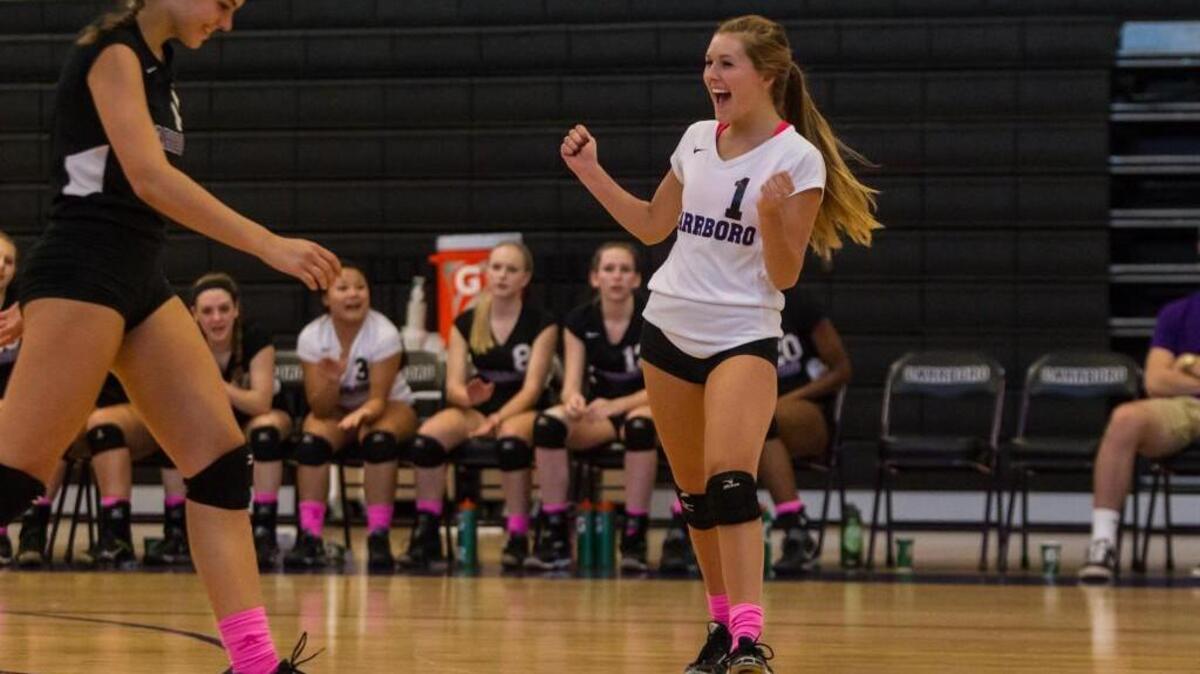 
Carrboro’s Brigid O'Kane celebrates the moment. The Jordan-Matthews Jets and Carrboro Jaguars played a volleyball game in Carrboro, N.C. on Thursday, September 8, 2015. Carrboro won 3-0.
