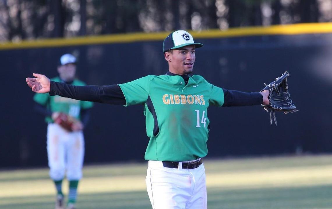 Cardinal Gibbons’ Noah Campbell (14) waits on the call during the Riverside Pirates high school baseball game with the Cardinal Gibbons Crusaders high school , March 15, 2017, in Raleigh , N.C. Cardinal Gibbons won the game 6-1.