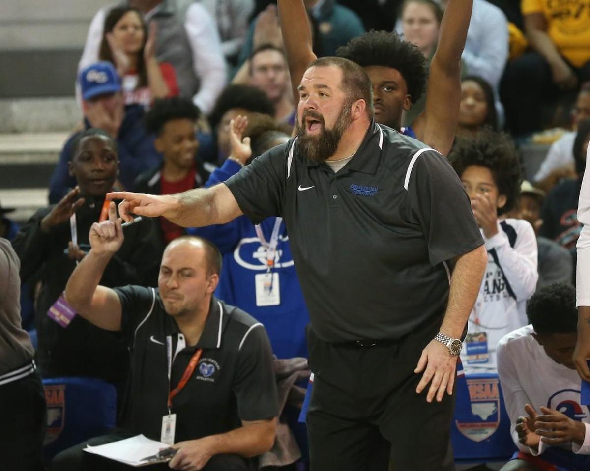 Greene Central head coach Charles Harris directs his team during 3rd quarter action. The Greene Central Rams and the Clinton Dark Horses played in the 2A boys 2A Eastern Regional basketball finals at East Carolina University on Saturday, March 3, 2018.