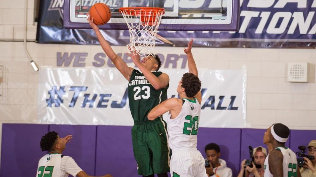 Tampa Catholic's Kevin Knox (23) scores 38 points during matchup between Cary and Tampa Catholic at The John Wall Family Foundation 45th Holiday Invitational that took place at Broughton High School on December 27, 2016 in Raleigh, North Carolina. Tampa Catholic defeated Cary 71-69.