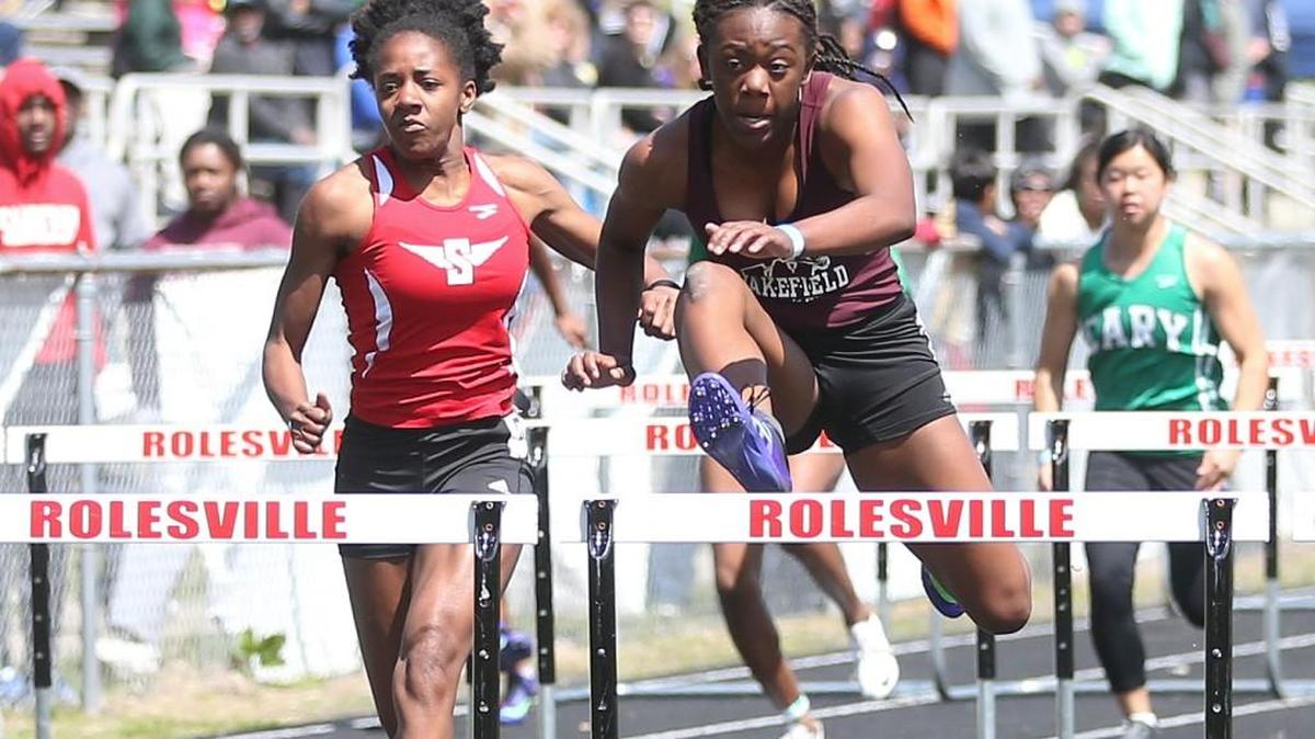 Wakefield's Breanne Bygrave clears the last hurdle in the Girls 100 Meter Hurdles on her way to the championship. Coverage from the 2016 Wake County Track and Field Championships held in Garner, N.C. on Saturday, April 9, 2016.