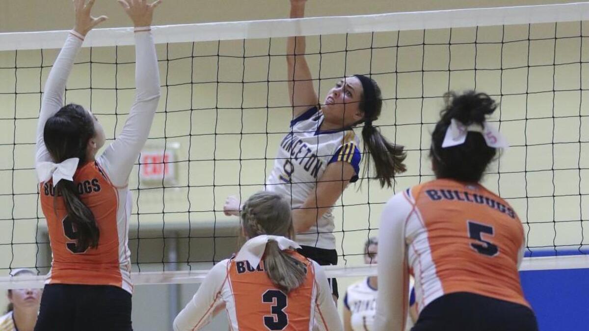 Princeton’s Daisy Ecklund (9) fires a shot at a trio of Wallace-Rose Hill defenders. The Princeton Bulldogs and the Wallace-Rose Hill Bulldogs played in Princeton, N.C. on Thursday, October 29, 2015. Princeton won 3-0.