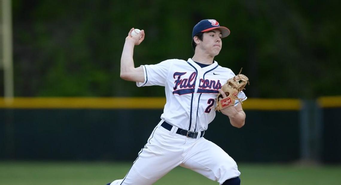 Ben Miller (2) of Jordan throws a pitch for the Falcons. The Jordan Falcons played the East Chapel Hill Wildcats in a baseball game that took place in Durham, N.C. on Friday, April 15, 2016. Jordan won 4-1.