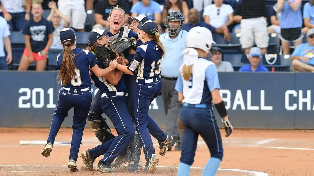 Alexander Central celebrate after winning game 2. The Cleveland Rams played the Alexander Central Cougars in game 2 of the NCHSAA 3A Softball Championship series in Greensboro, N.C. on June 2, 2018.