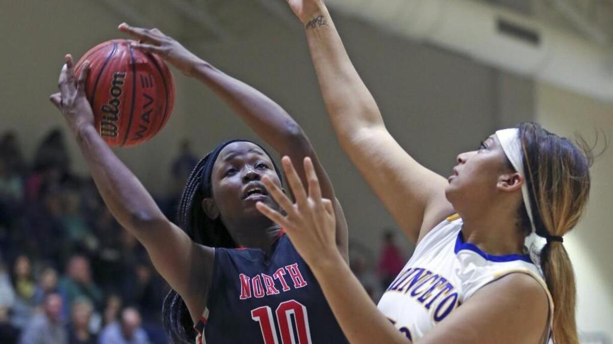 North Johnston’s Levossie Taylor (10) puts up a shot over Princeton's Jazmaine McCain (50). Coverage from the boys and girls basketball games between the Bulldogs of Princeton High School and the Panthers of North Johnston High School played in Princeton, N.C. on Friday, December 11, 2015. The North Johnston girls won 50-26.