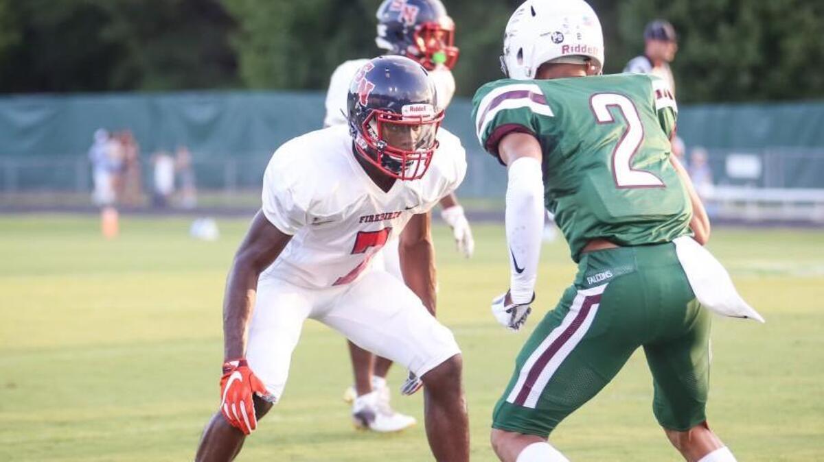 Southern Nash cornerback Nadir Thompson (7) faces off against Green Hope receiver Jordyn Adams (2) during the Southern Nash game at Green Hope on Friday, August 18, 2017. Southern Nash won the game 38-28.