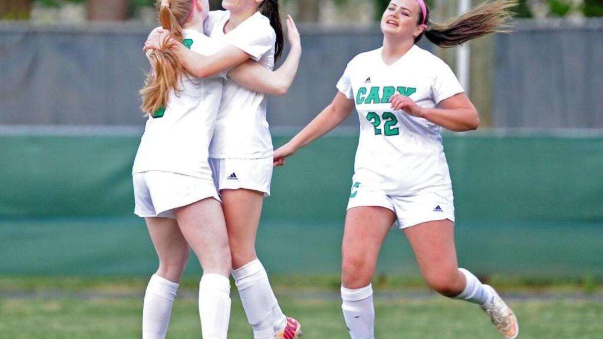 Cary celebrates a goal against Apex Friendship during the girls soccer game, which was played in Cary on Wednesday, April 20, 2016. Cary won 5-1.