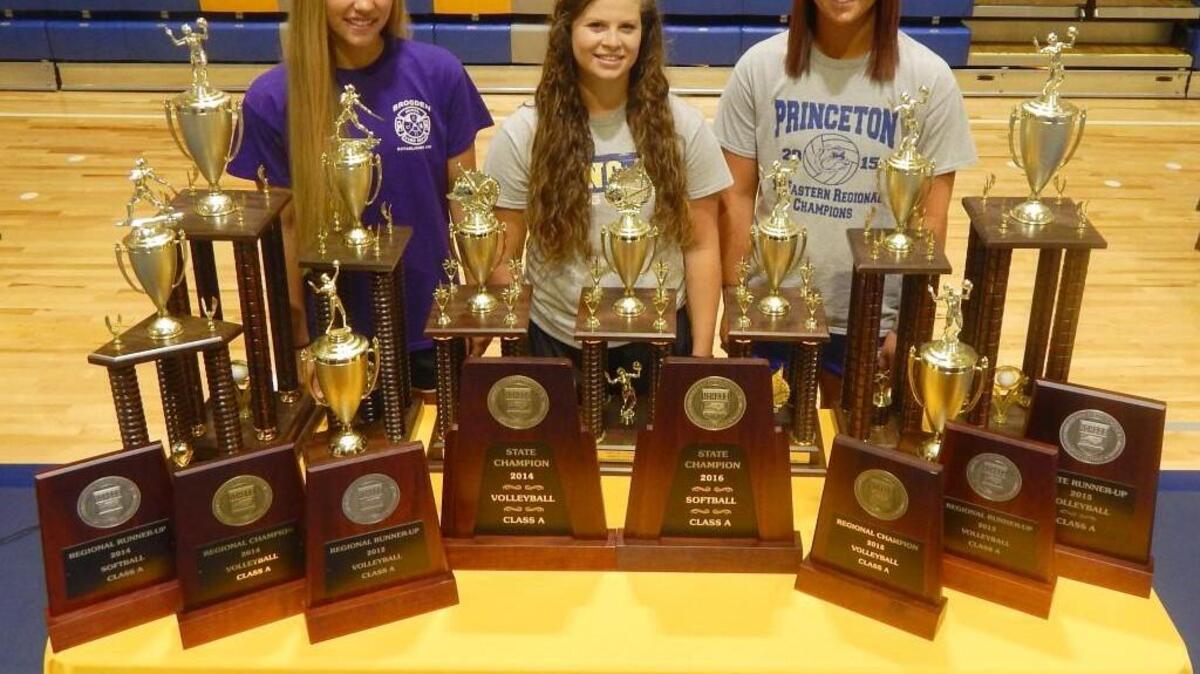 Princeton High School Class of 2016 members (from left) Taylor Carroll, Kelsey Peedin and Hailey Wood have helped Bulldog volleyball and softball teams win 12 conference championships, three regional championships and two state championships during their four years at the school.