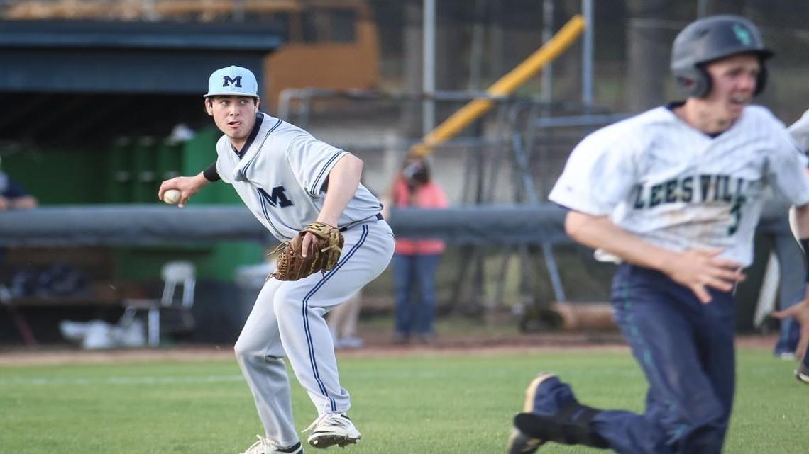 Millbrook reliever Christian Miller (23) picks up a bunt and throws to first base during Millbrook's baseball game at Leesville Road on Tuesday, March 28, 2017. Leesville Road won the game 8-7.