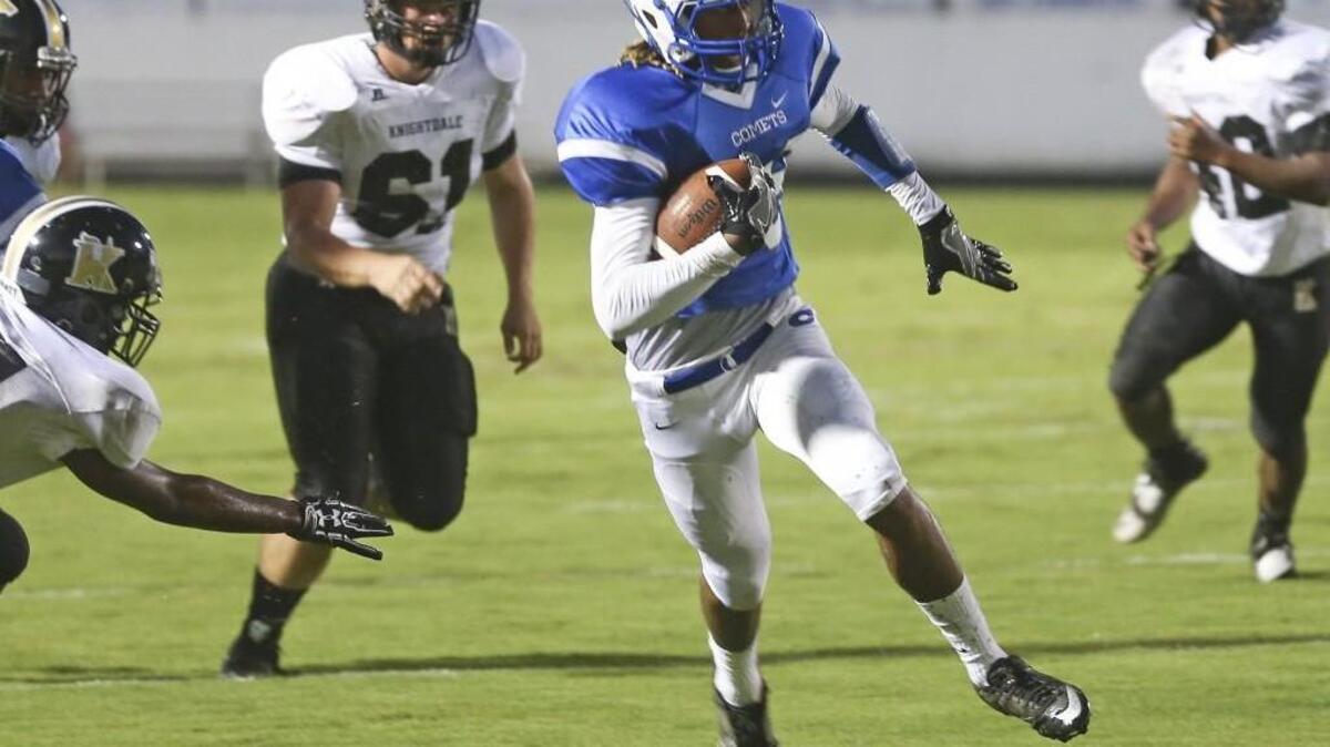 Clayton’s Devin Carter (88) takes a reception down to the Knightdale 2-yard line that led to the Comets’ first score during the 36-7 win over Knightdale on Friday.