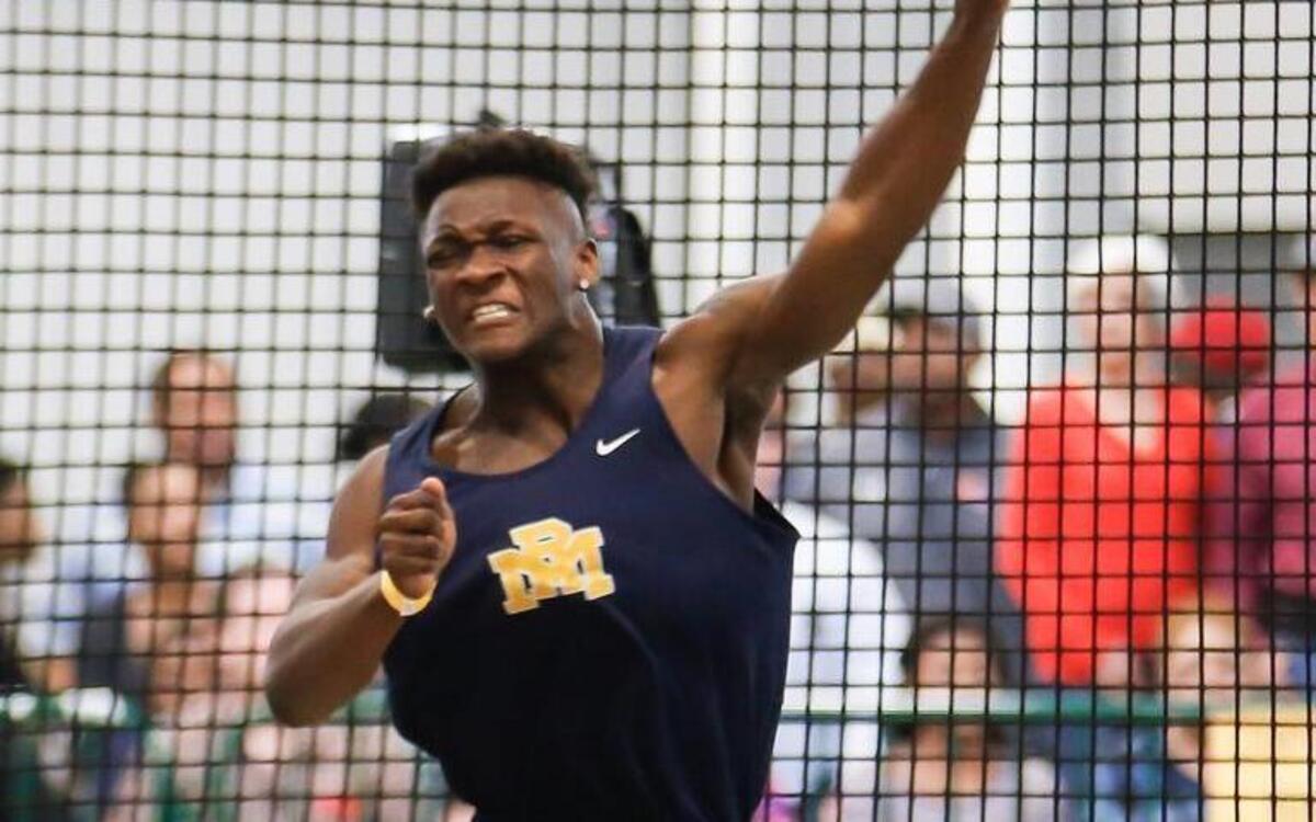 Rocky Mount's Sherrod Greene performs in the shot put, winning the event during the NCHSAA 3A indoor track state championship in Greensboro on Saturday, February 11, 2017.
