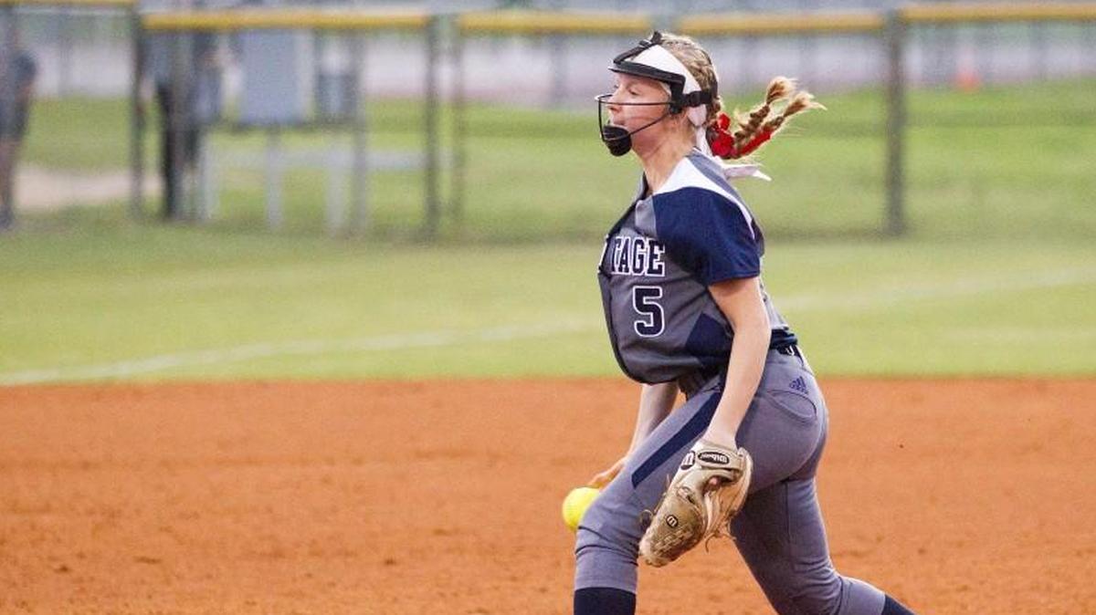 Heritage’s Raygan Rensing (5) delivers the pitch to the plate. The Heritage Huskies visited the South Central Falcons in the fourth round of the NCHSAA 4A high school softball playoffs on May 21, 2018.