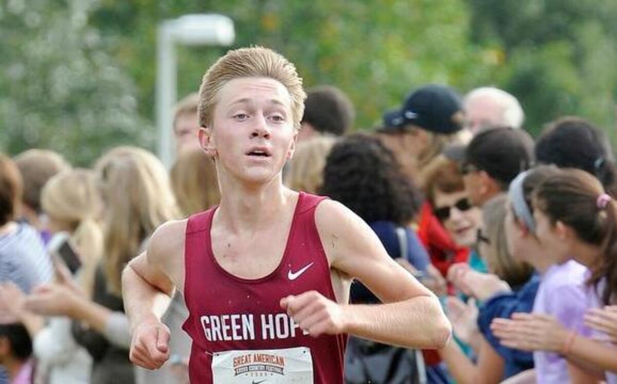 
Green Hope's Henry Pehr came in second at the SWAC boys cross country championships, which took place at WakeMed Soccer Park in Cary on Wednesday, October 15, 2014.

