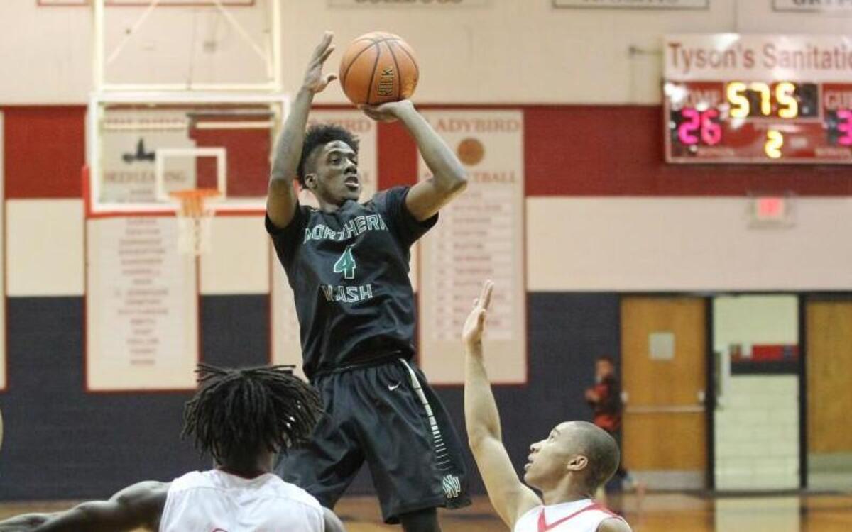 Northern Nash's Demonte Williams (4) pull up jumper over Southern Nash's Demetruis Townes (5) during the Northern Nash High School boy's basketball game against Southern Nash High School High School in Bailey, N.C. on Monday, January 23, 2017.