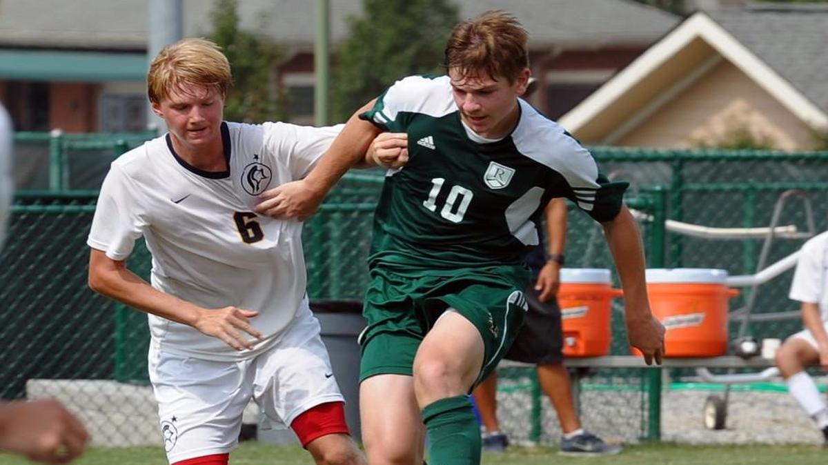 North Raleigh Christian's Daniel Brackett (6) and Ravenscroft Emmanuel Petrov (10) vie to control the ball during the 44th Annual Ravenscroft Soccer Invitational tournament, which was played in Raleigh on Saturday, September 10, 2016.