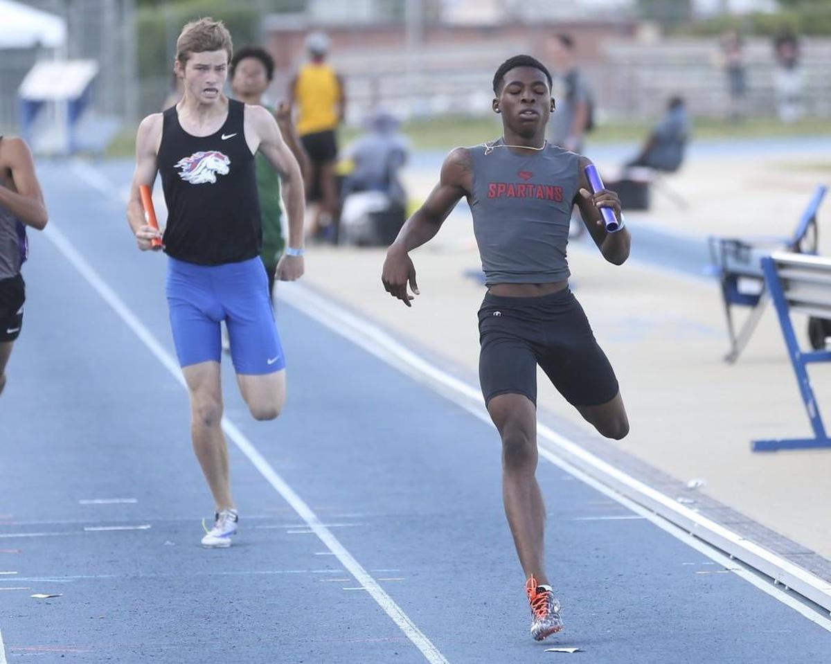 Southern Durham's Khaleb McRae crosses the finish line in the 3A Boys 4x400 Meter Relay as the take the third place finish. Coverage from 3A NCHSAA track and field championships held at N.C. A&T University in Greensboro, N.C. on Saturday, May 20, 2017.