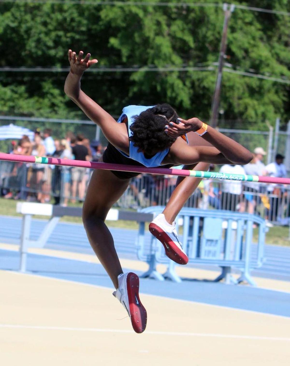 Panther Creek's Morgan Smalls clears the bar in the girls' high jump during the NCHSAA 4A state track and field championships at North Carolina A&T State University in Greensboro, N.C. on May 19, 2017.