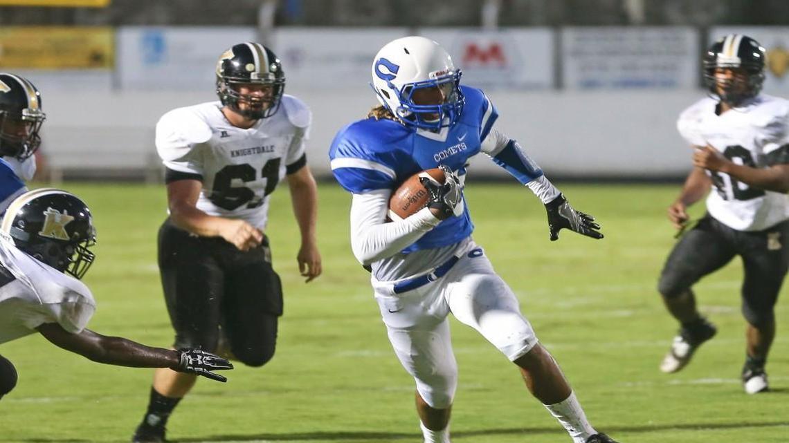 Clayton's Devin Carter (88) takes this reception down to the Knightdale 2 yard line that lead to the Comets first score. Coverage from the prep football game between the Clayton Comets and the Knightdale Knights played in Clayton,N.C. on Friday, September 30, 2016. Clayton defeated Knightdale 36-7.