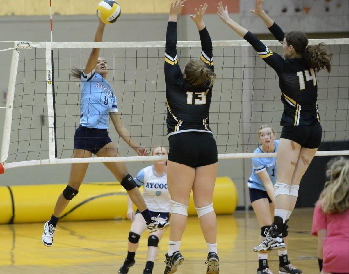 Arlanda Faulkner (9) of Aycock spikes the ball against Kyra Crider (13) and Kaya Merkler (14) of Chapel Hill. The Chapel Hill Tigers played the C.B. Aycock Golden Falcons in a volleyball game that took place in Chapel Hill, N.C. on Saturday, October 29, 2016. Chapel Hill won 3-0.