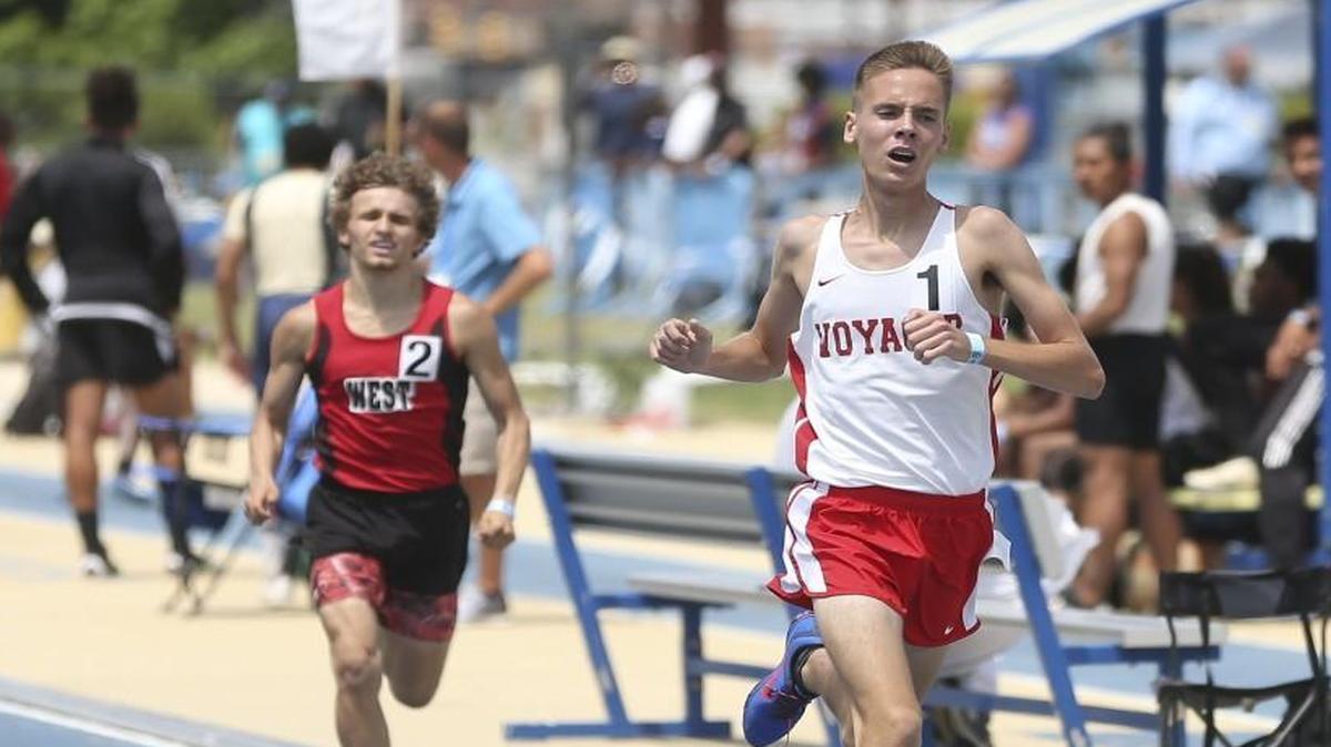 Voyager Academy's Luke Bennett beats West Montgomery's Brian Morrill to the line to win the 1A Boys 1600 Meter Championship. Coverage from 1A NCHSAA track and field championships held at N.C. A&T University in Greensboro, N.C. on Saturday, May 20, 2017.