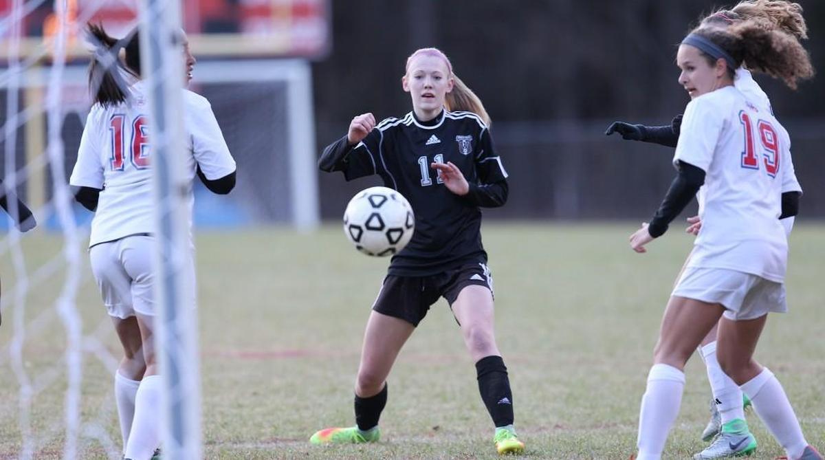 Wakefield's Tori Hansen (11) kicks towards the goal just missing wide during the Sanderson Spartan high school soccer game with the Wakefield Wolverines high school , March 16, 2017, in Raleigh , N.C.