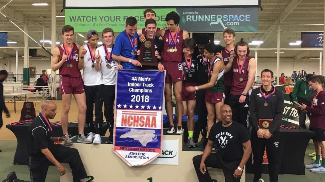 Green Hope’s boys pose with the championship hardware on Saturday, Feb. 10, 2018.