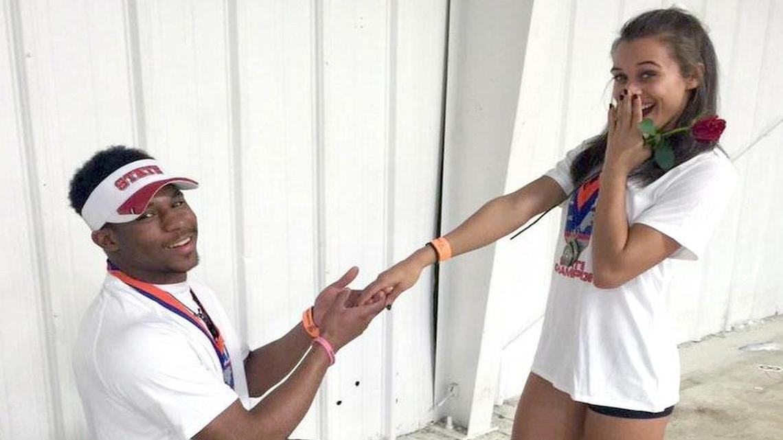 
Nyheim Hines and Sydnei Murphy, elite high school athletes who have become good friends, pretend to get engaged after Hines won the state 55 meter indoor title.
