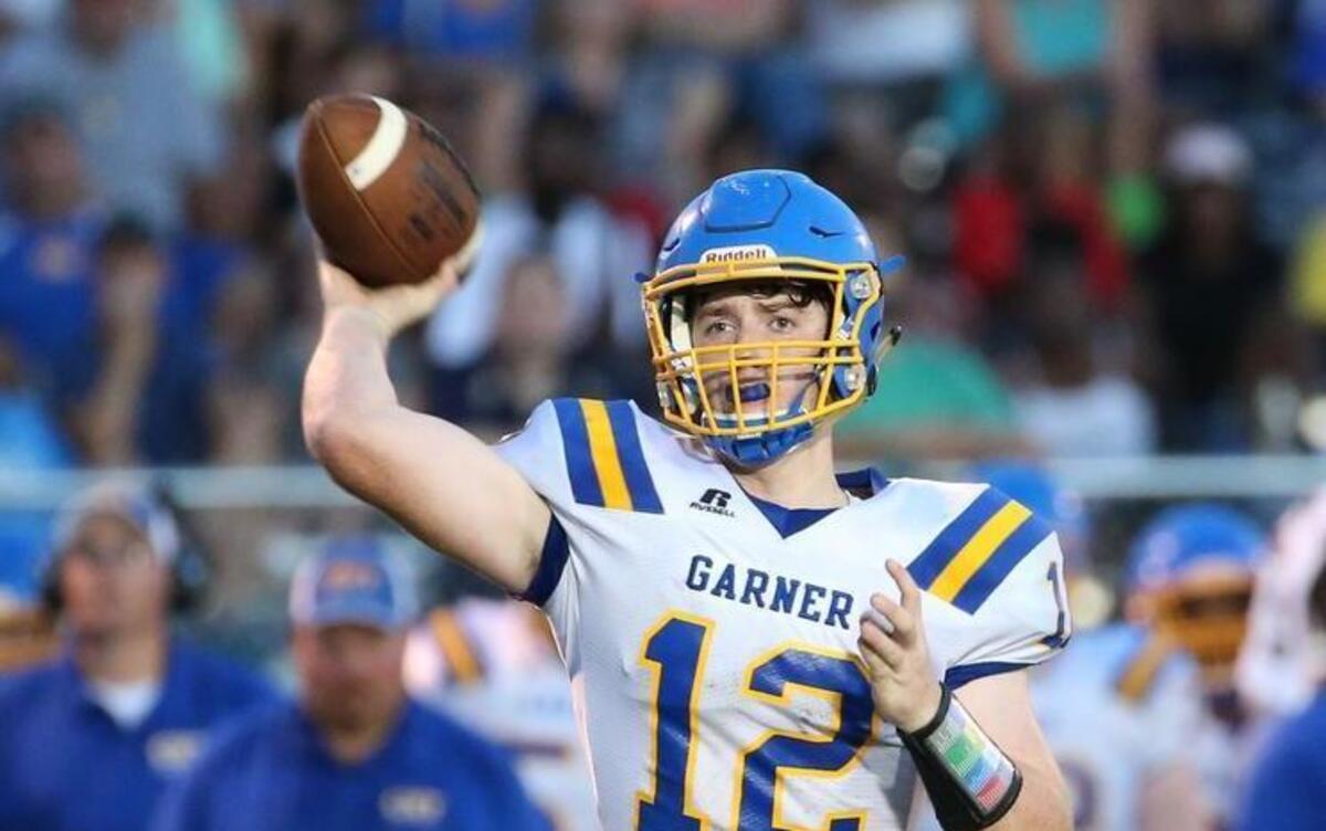 Garner's Nolan Mclean (12) during the football game with the Clayton Comets high school and the Garner Trojans high school in Clayton N.C. on August 18, 2017. won the game Clayton won the game 35-14.