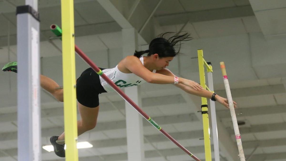 Cary's Olivia Goodwin clears the bar on her way to the 4A NCHSAA State Indoor pole vault championship. Coverage from the 4A NCHSAA State Indoor Championships held in Winston-Salem, N.C. on Saturday, February 11, 2017.